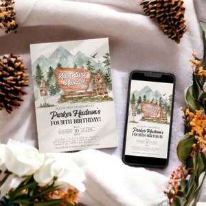 Plantilla de invitación para fiesta de cumpleaños en un parque nacional, bosque o selva, decoración para fiestas de cumpleaños al aire libre con temática de bosque, fiesta de cumpleaños en un entorno natural y boscoso WP1005