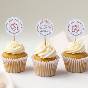 Blue Cherry Coquette Bow Cupcake Toppers Printable, Cherry on Top Baby Shower, Cherry Sweet Bridal Shower, Hand Drawn Birthday Party WP1039