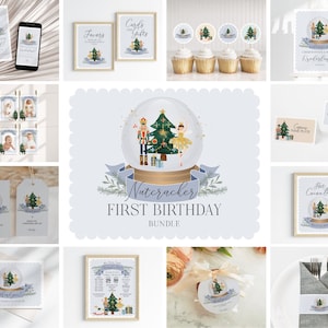 Blue nutcracker First Birthday Bundle Printable, template instant download Christmas winter onederland gender neutral birthday party for boy