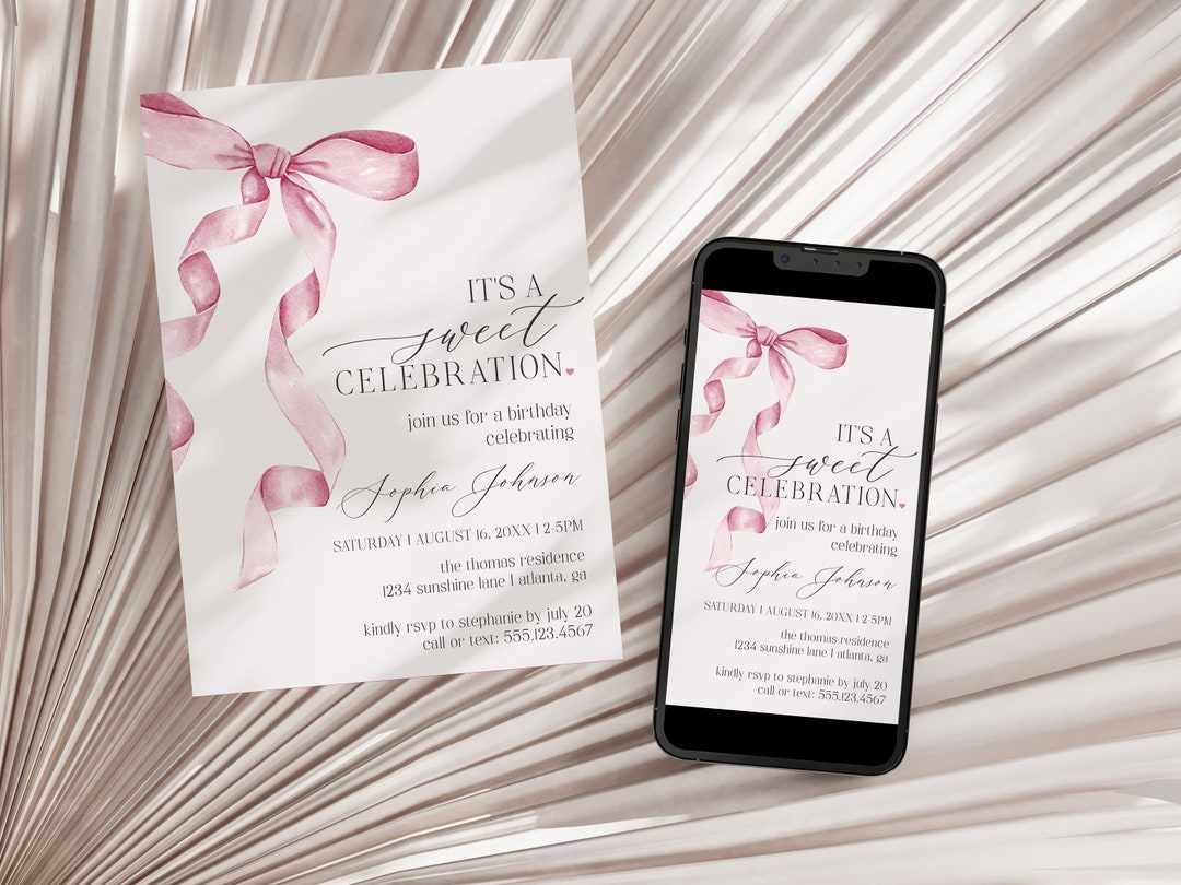 Pink Bow Birthday Invitation Printable Template, Watercolor Preppy ...