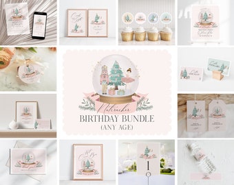 Pastel Pink Nutcracker Birthday Bundle Printable Template, christmas winter wonderland birthday party for girl sugar plum holiday, WP3045