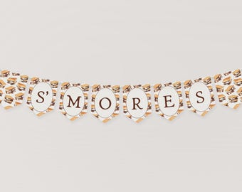 May include: A white banner with brown letters spelling "S'MORES" against a white background. The banner is decorated with a pattern of brown and white s'mores.