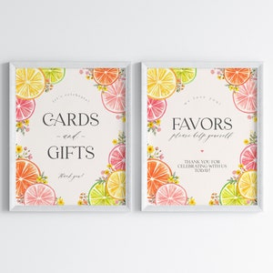 Kaarten met citrusbloemen en kaarten en geschenken en gunsten teken afdrukbare sjabloon, kustverjaardagsdecor voor tropische zomer baby of Florida vrijgezellenfeest