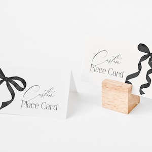 Modello stampabile segnaposto con fiocco nero per baby shower o festa di compleanno, tema fiocco preppy civetta matrimonio fantasia sposa del sud WP1003