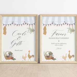 Blauwe boerenmarktkaarten & geschenken en gunsten bord afdrukbare sjabloon, boerderij vers feest voor genderneutrale douche, lokaal geteeld feestdecor