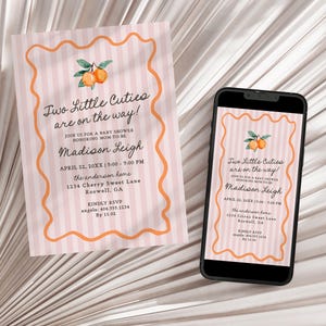 Pink Two Little Cuties Twins Baby Shower Invitation Template, Pastel Citrus Baby Sprinkle for Summer Baby Shower, Retro Clementine WP1050 image 5