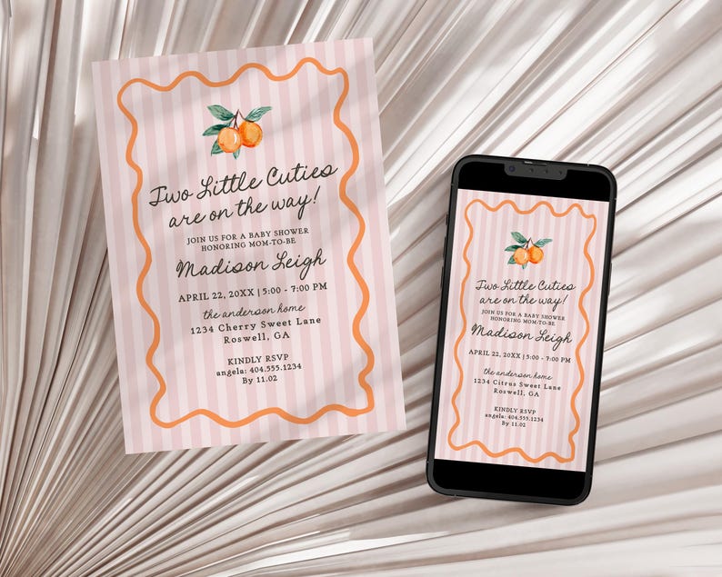 Pink Two Little Cuties Twins Baby Shower Invitation Template, Pastel Citrus Baby Sprinkle for Summer Baby Shower, Retro Clementine WP1050 image 5