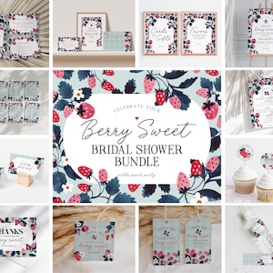 Mint Strawberry Bridal Shower Printable Bundle, love is Berry sweet bridal shower for spring or summer wedding decor, instant download