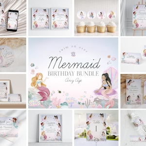 Mermaid Birthday Party Bundle Printable Template, enchanted under the sea birthday for girl