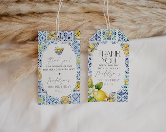 Etichette per bomboniere di compleanno a forma di cerchio, modello stampabile, decorazione per doccia a tema limone e agrumi mediterranei con piastrelle blu, tema italiano, WP3016