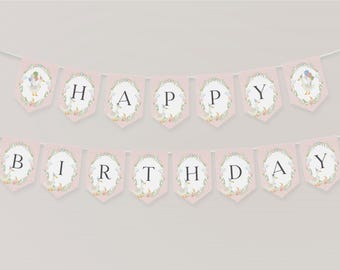 May include: Pink and white gingham banner with the words "Happy Birthday" in black letters. Each letter is surrounded by a floral wreath with a duck illustration.