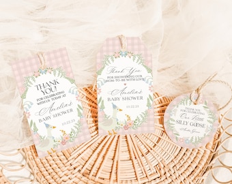 Plantilla de etiquetas para recuerdos de baby shower de Silly Goose, etiquetas de ganso a cuadros pastel para baby shower, decoración de recuerdos de baby shower de cuento de hadas, descarga instantánea, WP1022