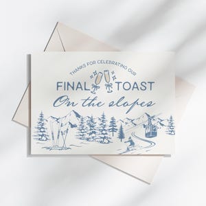 Plantilla de tarjeta de agradecimiento por el último brindis en las pistas, brindis final en Aspen Ski Bach Winter Resort Girls Trip Park City, Vail Before The Veil WP1013