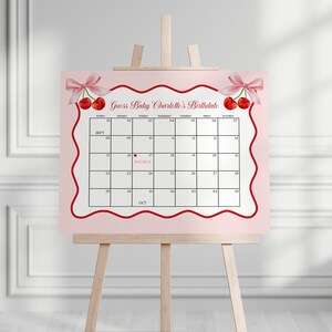 Kirsche Süß Babyparty Errate das Datum Spiel Vorlage, Cherry on Top Theme Frühling oder Sommer Party für Mädchen rosa rot gewellt Soda Shop WS1009