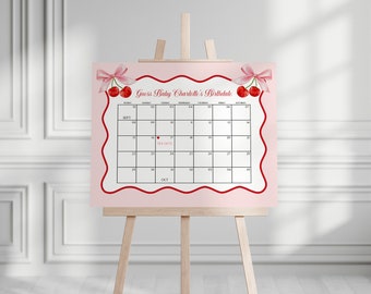 Cherry Sweet Baby Shower Guess the Date Game Template, Cherry on Top Theme Spring or Summer Party for girl pink red wavy soda shop WP1009