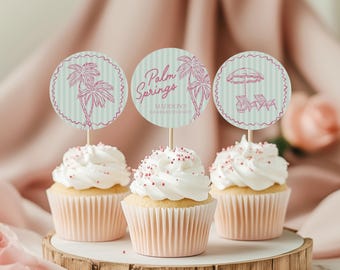 Grüne Palm Springs Kuchendeckel zum Ausdrucken, Vintage Palme Strand Cabana Geburtstag Pool Party, Tropisches Pastell Bachelorette Thema WS1047