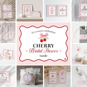 Cerise douce nuptiale douche Bundle modèle imprimable, Cerise sur le thème printemps ou d'été fille soda ondulé rose et rouge boutique WP1009