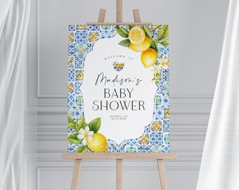 Amalfi Coast Baby Shower Welcome Sign Printable Template, Lemon Citrus Mediterranean decor with blue tiles, Coastal Italian theme tuscan