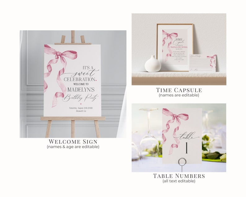 Pink Bow Birthday Bundle Printable Template, Watercolor Preppy Coquette ...