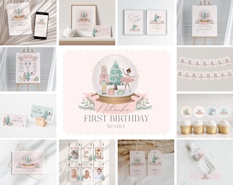 Pastellrosa Nötknäpparen Vinter Onederland Första Födelsedagspaket Utskrivbart, mörk hudfärgad ballerina julfödelsedagsfestflicka, WP3045