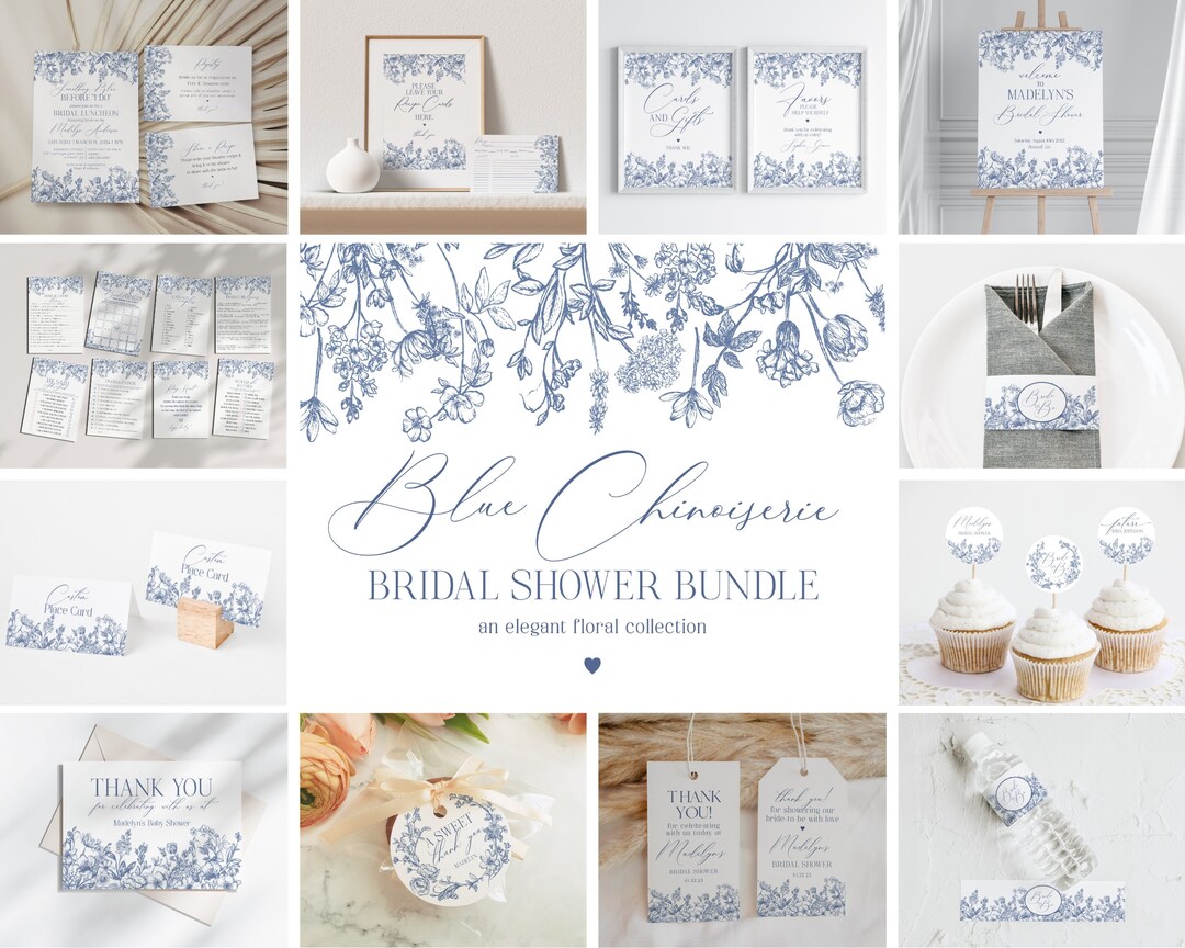 Spring Toile Blue Blue Chinoiserie Bridal Shower Printable Bundle, Something Blue Before ...