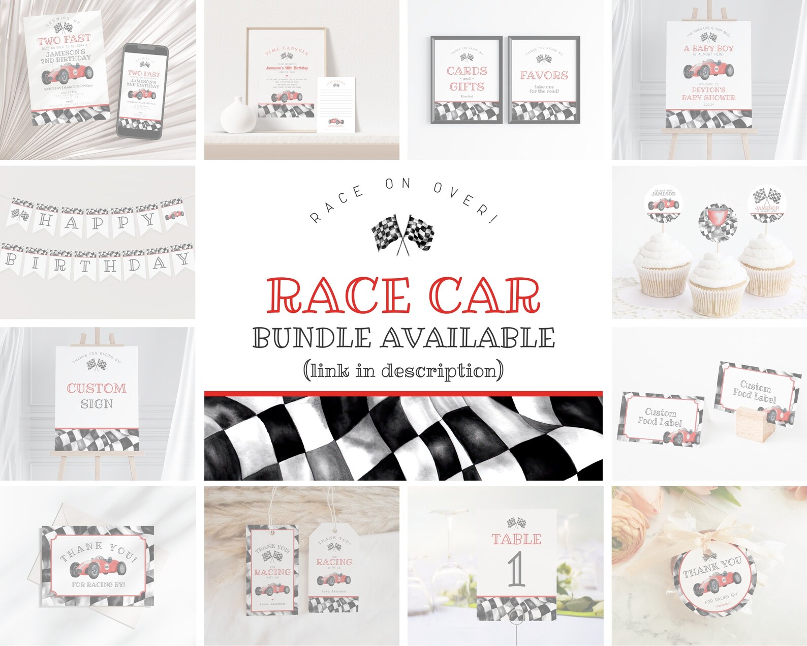 Red Race Car Baby Shower or Birthday Circle Favor Tags Printable ...