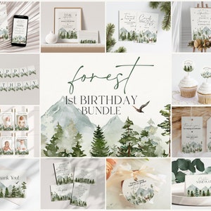 Forest Woodland First Birthday Bundle Printable, boy birthday Invitation Bundle, fall winter birthday party, Christmas birthday Adventure