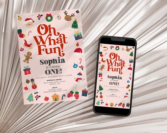 Pink Oh What Fun ChristmasBirthday Invitation Template, instant download winter birthday Pink Christmas Birthday for Girl, WP3038