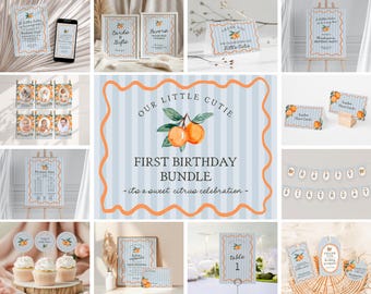 May include: A printable first birthday party bundle with a citrus theme. The bundle includes invitations, thank you cards, food labels, cupcake toppers, a banner, and a table number. The design features watercolor illustrations of oranges and leaves on a blue and white striped background.