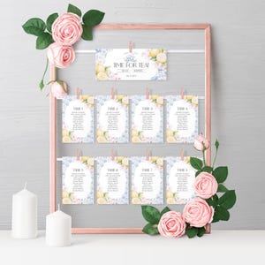Modelo de cartas de assentos para casamento Blue Chinoiserie Tea para impressão, chá da tarde Lemon High Tea Madrinhas, chá da noiva Blue Willow Toile WP1001