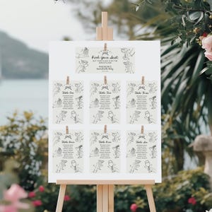 Könnte beinhalten: Ein Sitzplan für eine Junggesellinnenparty mit Cocktail-Thema. Der Plan ist auf beigefarbenem Hintergrund gedruckt und zeigt eine Schwarzweißillustration einer Hand, die ein Cocktailglas hält. Der Text "Find your seat, but your place is on the dance floor, Madison's Bachelorette Party" ist oben auf dem Plan gedruckt.