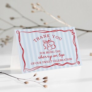 Blue Cherry Coquette Bow Thank You Card Template, Retro Cherry on Top Baby Shower, Cherry Sweet Bridal Shower, Hand Drawn Birthday WP1039
