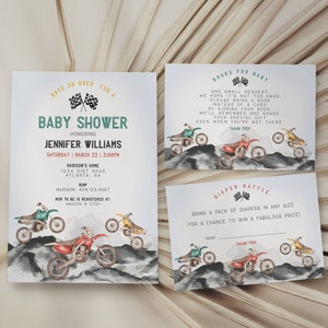 May include: Baby shower invitations and inserts with a motocross theme. The invitation reads "Race on Over for a Baby Shower" and includes details for Jennifer Williams. The inserts include requests for books and a diaper raffle.