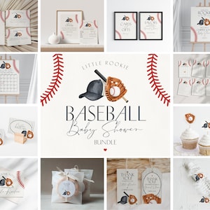 May include: A collection of baseball-themed baby shower decorations and stationery. The set includes invitations, signs, cupcake toppers, and favor tags. The color scheme features red, navy, and tan, with baseball and glove illustrations. The text includes "Little Rookie" and "Baseball Baby Shower".