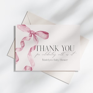 Roze strik bedankkaart afdrukbare sjabloon, aquarel preppy coquette boog themafeest fancy zuidelijk meisje, grandmillenial boog decor wp1016