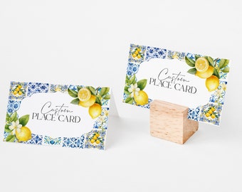 Amalfi Coast Place Cards for Baby or Bridal Shower or Birthday Printable Template, Lemon Citrus Mediterranean shower decor with blue tiles