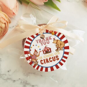 Circus Baby Shower Circle Tag Printable Template, gender neutral carnival baby shower for boy, instant download thank you tag circus animals