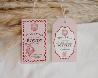 Disco Cowgirl Favor Tags Afdrukbare sjabloon, Hand getrokken rodeo party decor voor Nashville weekend vrijgezellenfeest bash, 30e verjaardagsfeestje