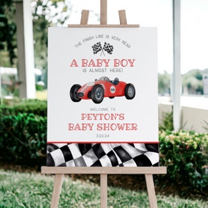 Modelo de placa de boas-vindas para chá de bebê de carro de corrida vermelho, download instantâneo de modelo de chá de bebê de corrida para menino, festa de carro de corrida vintage retrô