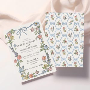 Plantilla de invitación de boda para fiesta en el jardín de primavera, decoración floral pastel con el amor en flor, ramo de flores silvestres de verano coqueto WP1057 imagen 3