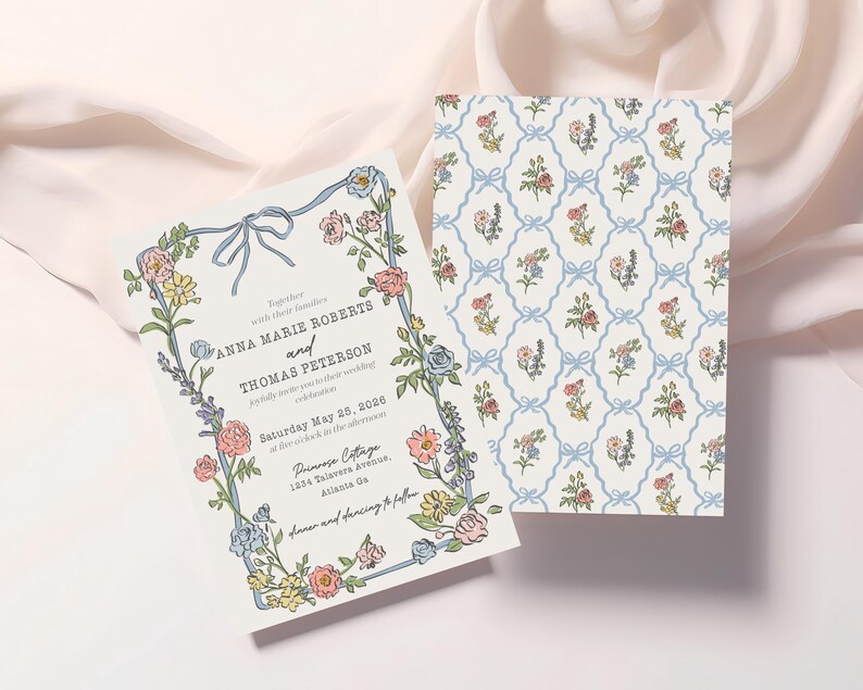 Plantilla de invitación de boda para fiesta en el jardín de primavera, decoración floral pastel con el amor en flor, ramo de flores silvestres de verano coqueto WP1057 imagen 3