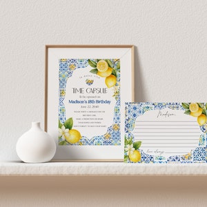 Afdrukbare sjabloon Amalfikust Time Capsule, Citrus mediterraan verjaardagsdecor met blauwe tegels, Italiaans kustthema Toscaans strandfeest
