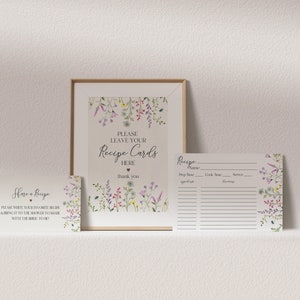 Delicate wildflower recipe card template for bridal shower, watercolor flower, boho summer bridal shower games, floral recipe card template