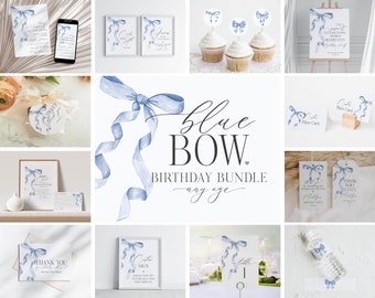 Blue Bow Birthday Bundle Printable Template, Fancy Coquette Bow Theme Party for Southern Girl, Grandmillenial Bow Theme Party Decor WP1031