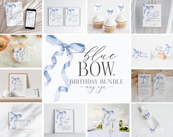 Blue Bow Birthday Bundle Printable Template, Watercolor preppy coquette bow theme party for fancy southern girl, grandmillenial bow decor