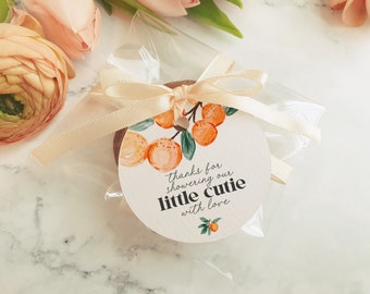 Little Cutie Favor Tags Printable Template, little cutie is on the way baby shower favors, orange cutie baby shower spring summer Circle tag