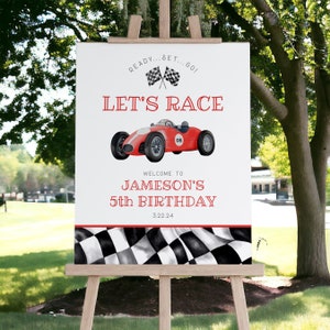 Red Race Car Birthday Welcome Sign Printable Template, instant download race on over birthday party template for boy, let&#39;s race