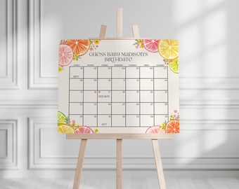 May include: A printable baby shower game with a citrus theme. The game is a calendar with the month of September and the beginning of October. The due date is marked with a pink heart. The text reads "Guess Baby Madison's Birthdate".