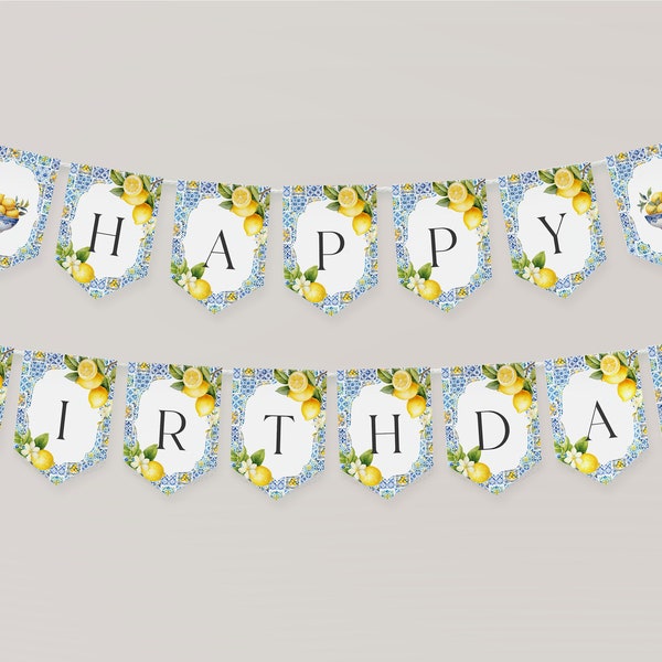 Amalfi Coast Birthday Shower Banner Printable Template, Lemon Citrus Mediterranean party decor with blue tiles Italian theme tuscan beach