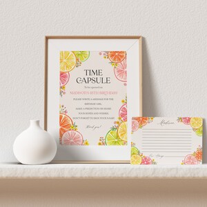Afdrukbare sjabloon timecapsule met citrusbloemen, Little Cutie Coastal Party Decor voor zomer tropisch 1e verjaardagsfeestje decor
